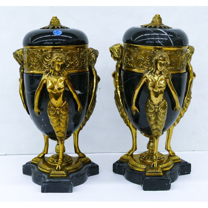 Pair Gilt Black Marble & Brass Urns 14.75''