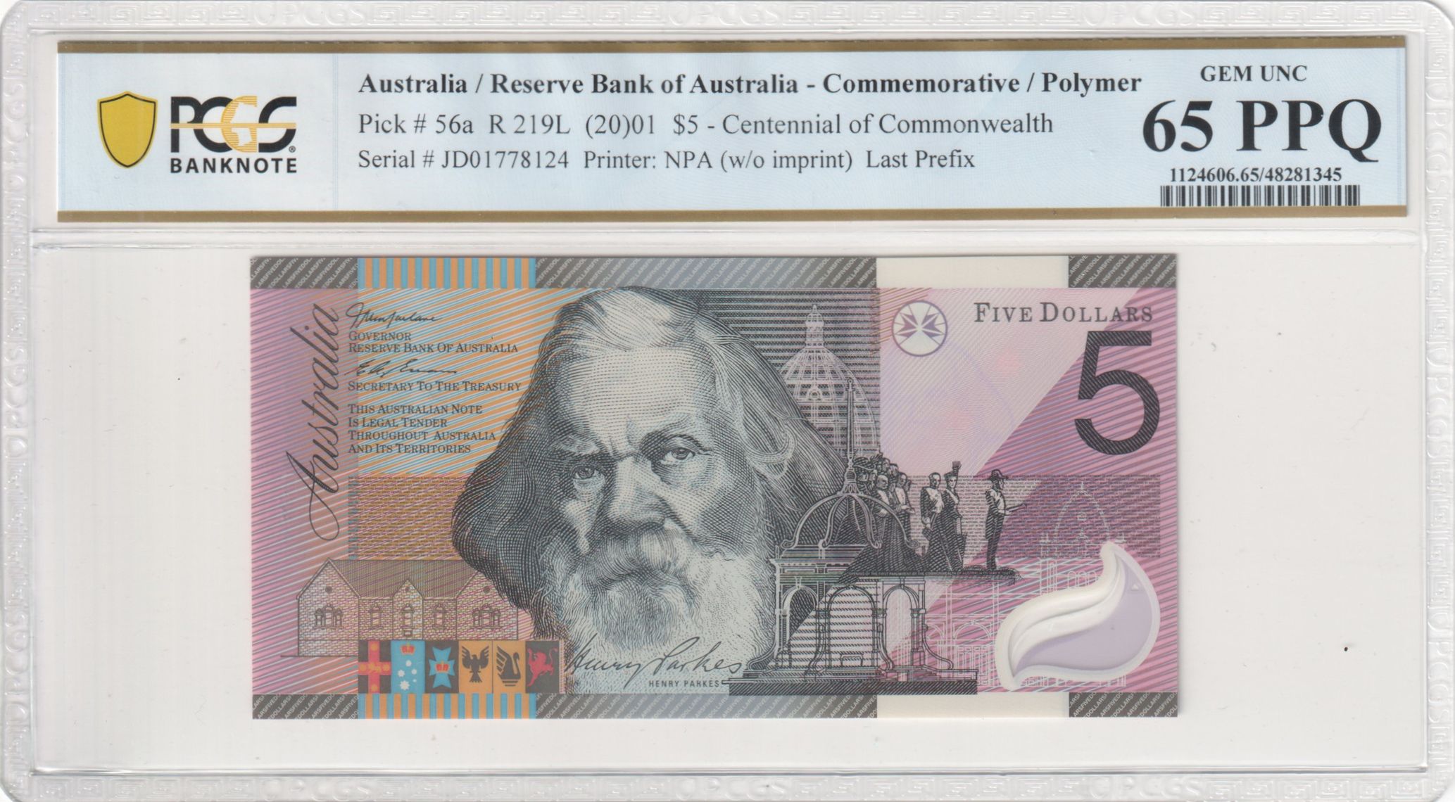 Macfarlane/Evans, Last Prefix, Five Dollar, 2001, PCGS Gem UNC 65 PPQ