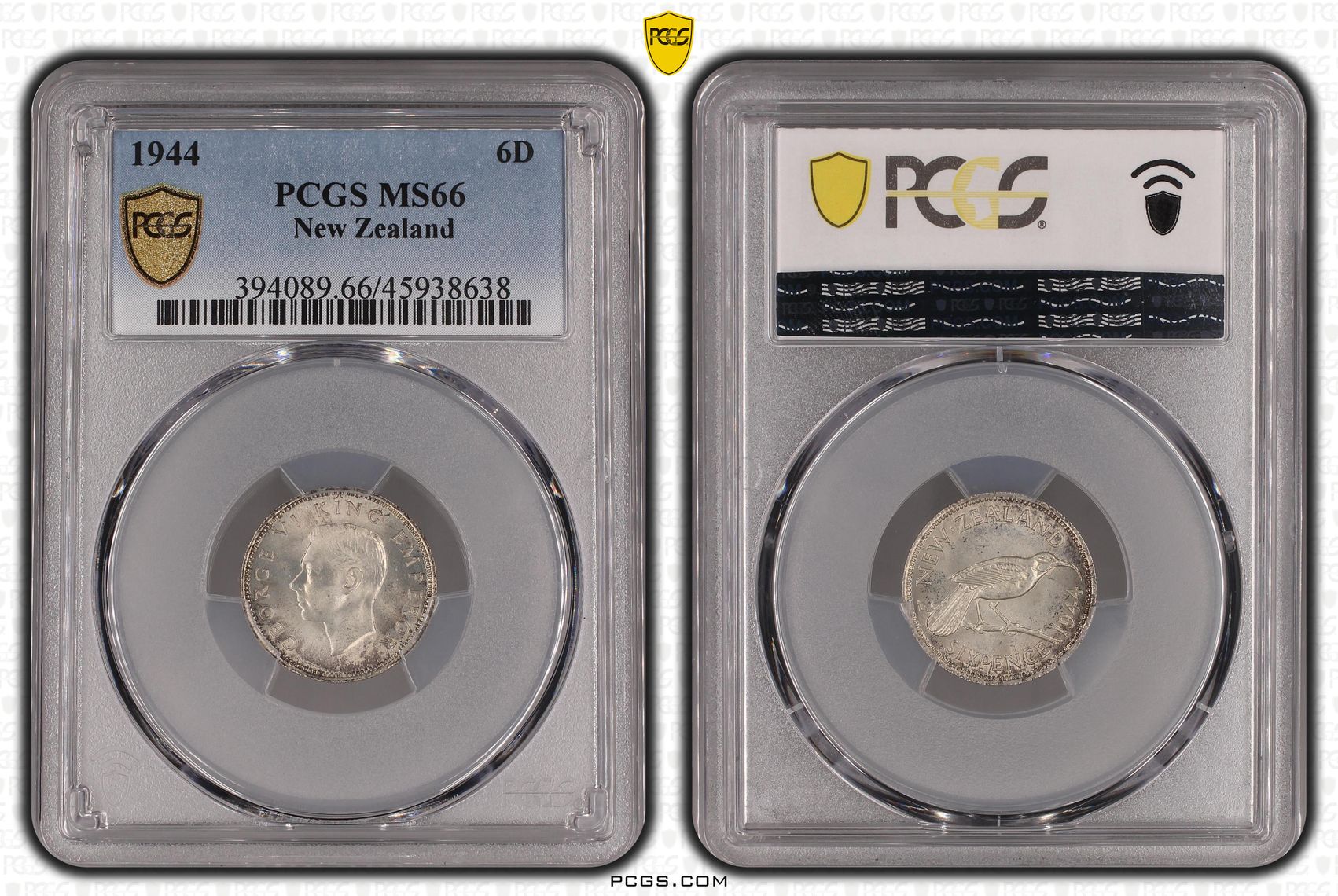 1944 New Zealand Sixpence PCGS - MS66 POP 2/0 -638