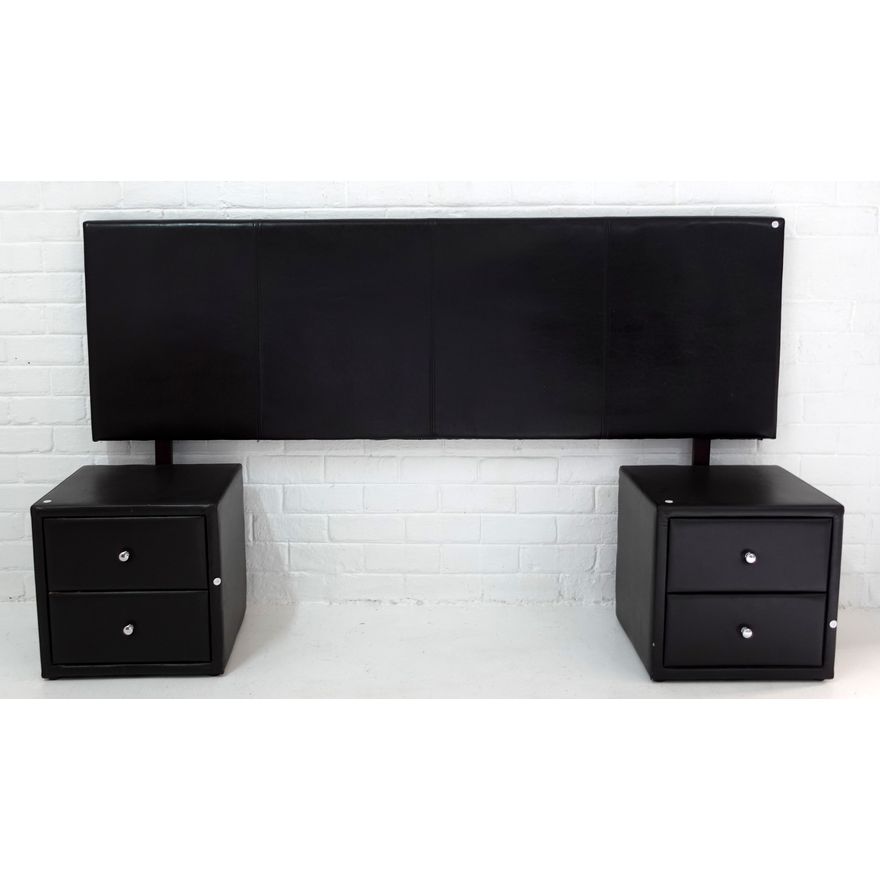 LEATHER HEADBOARD AND PAIR OF PEDESTALS