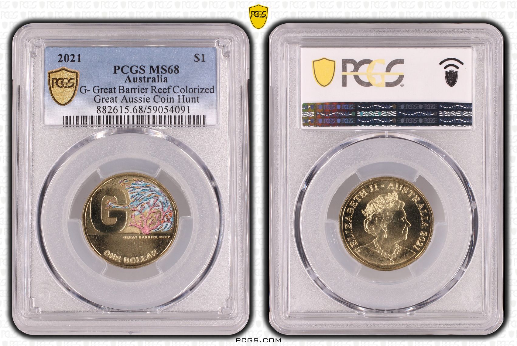 G- Great Barrier Reef Colorized Great Aussie Coin Hunt, One Dollar, 2021, PCGS MS68
