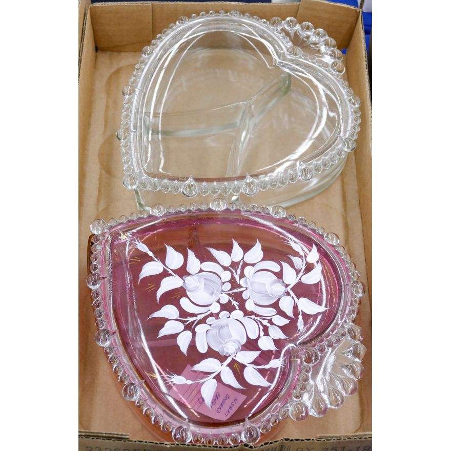 Box 2pc Heart Shaped Covered Glass Candy Boxes