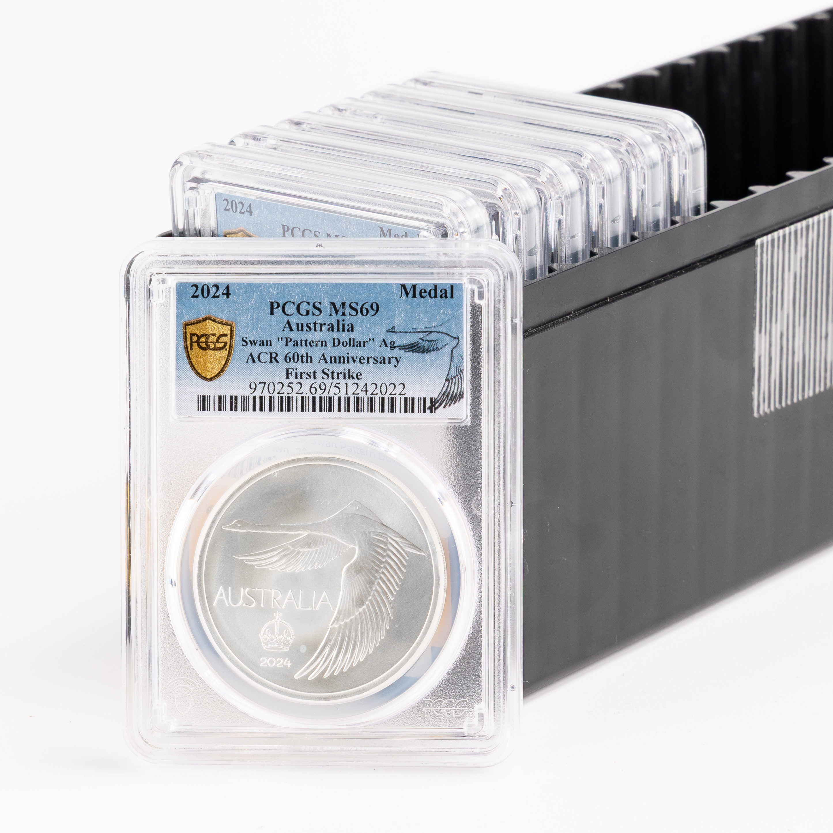374 · Group of 7 ACR Swan Pattern Dollar Silver Unc, Crown, 2024, PCGS MS69