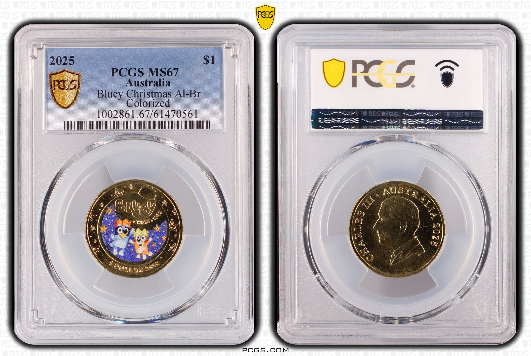 Bluey Christmas AlBr Colourised, One Dollar, 2025, PCGS MS67