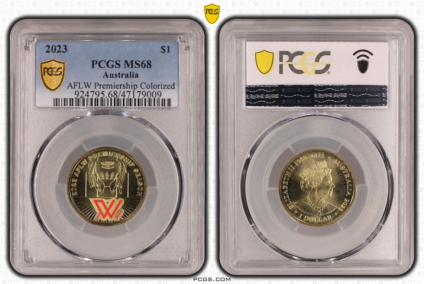 Elizabeth II, AFLW Premiership Colorized, One Dollar, 2023, PCGS MS68