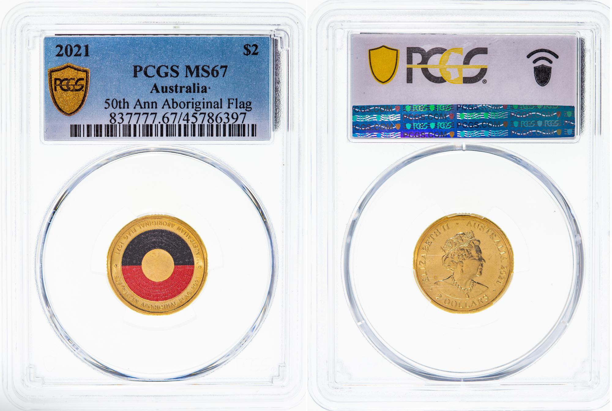 Elizabeth II, 50th Ann Aboriginal Flag, Two Dollar, 2021, PCGS MS 67