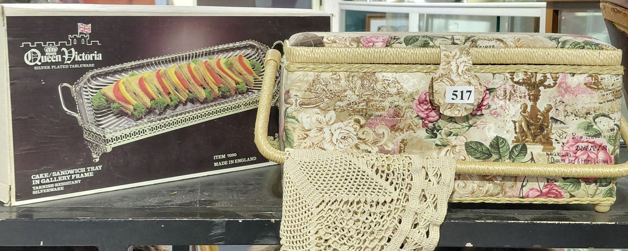 Silverplated Servery, Sewing Basket With Doiley