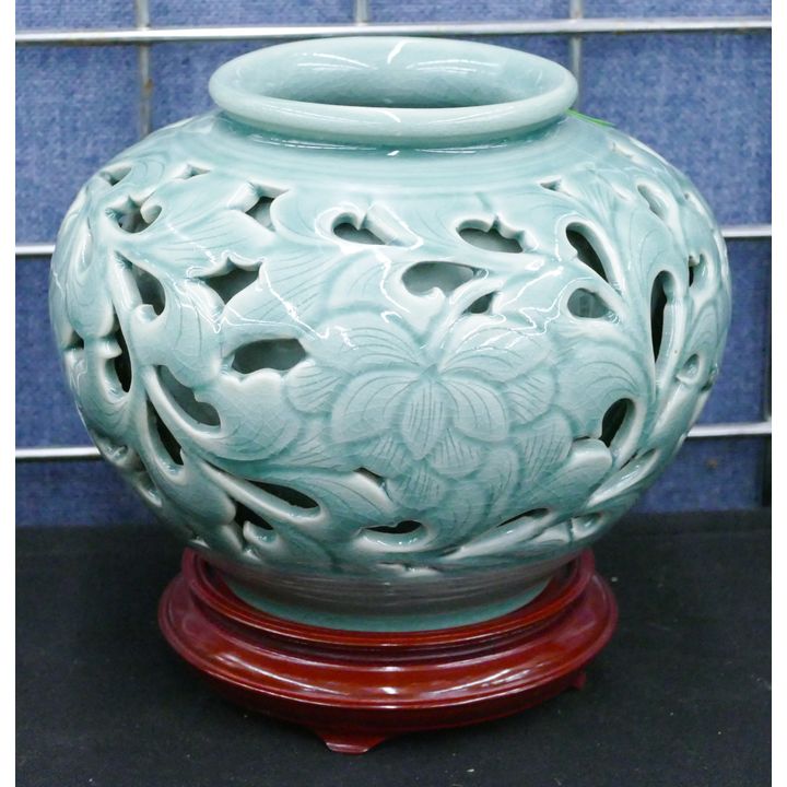 Korean Carved Celadon Jar on Stand 8''