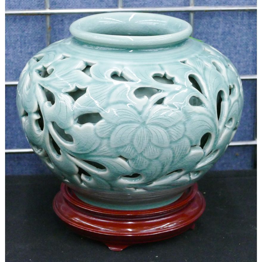 Korean Carved Celadon Jar on Stand 8''