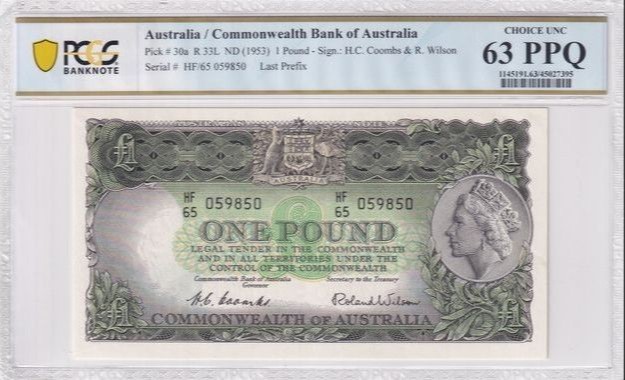 1953 Coombs/Wilson One Pound 'Commonwealth Bank' PCGS 63PPQ - Last Prefix