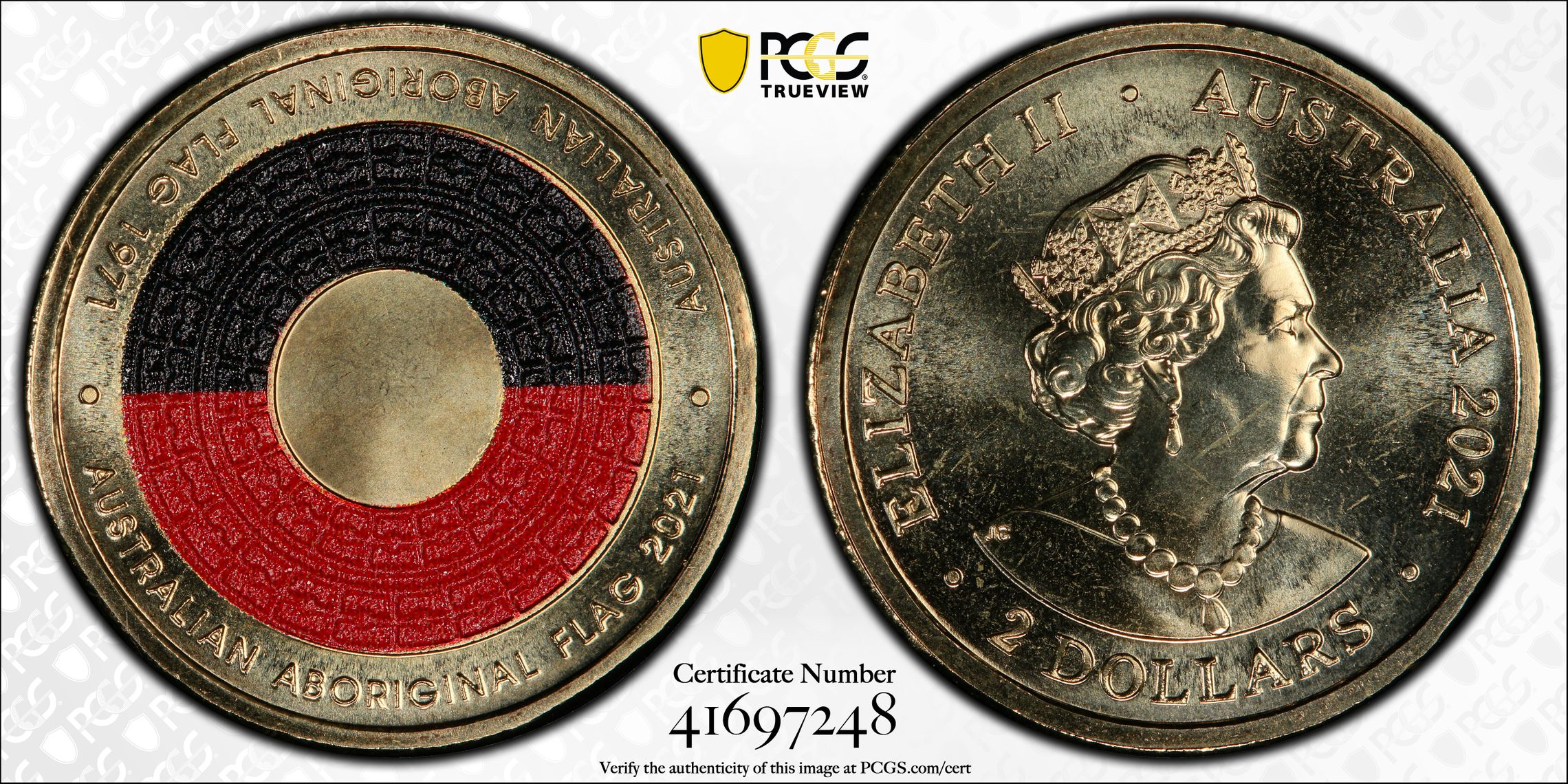 50th Ann Aboriginal Flag Colourised, Two Dollar, 2021, PCGS MS66