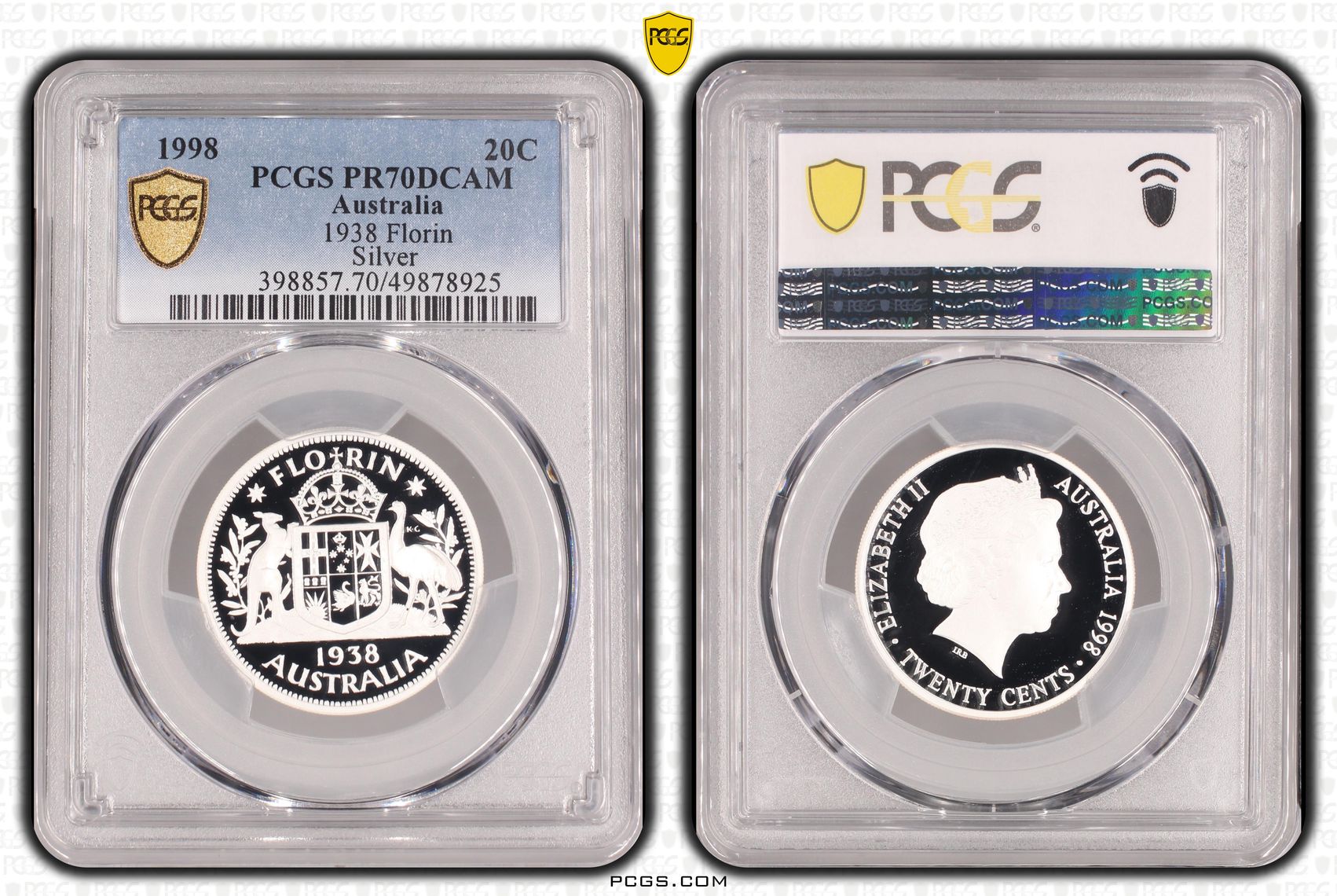 1938 Florin Silver, Twenty Cent, 1998, PCGS PR70DCAM