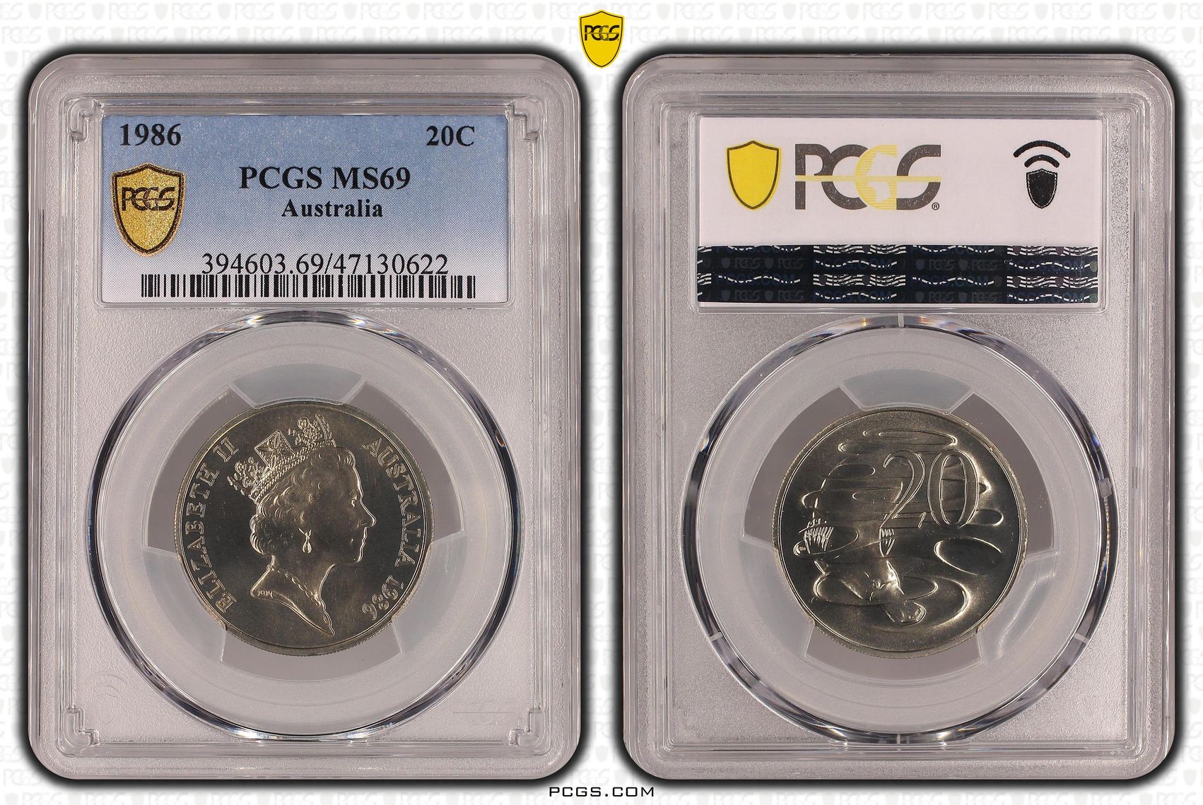 51 · Elizabeth II, Pop 2/0, Twenty Cent, 1986, PCGS MS69