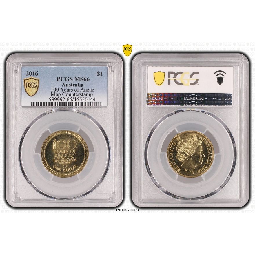 100 Years of Anzac, Map Counterstamp, One Dollar, 2016, PCGS MS66