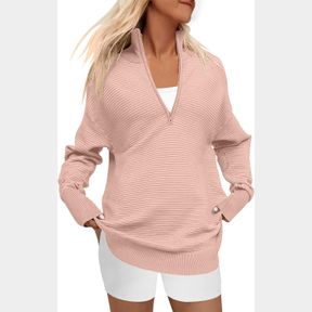 DEEP SELF FALL WOMEN V NECK 1/4 ZIP PULLOVER STRETCH SWEATER LONG SLEEVE STAND COLLARED RIBBED KNITTED SOLID SWEATERS RED, XL