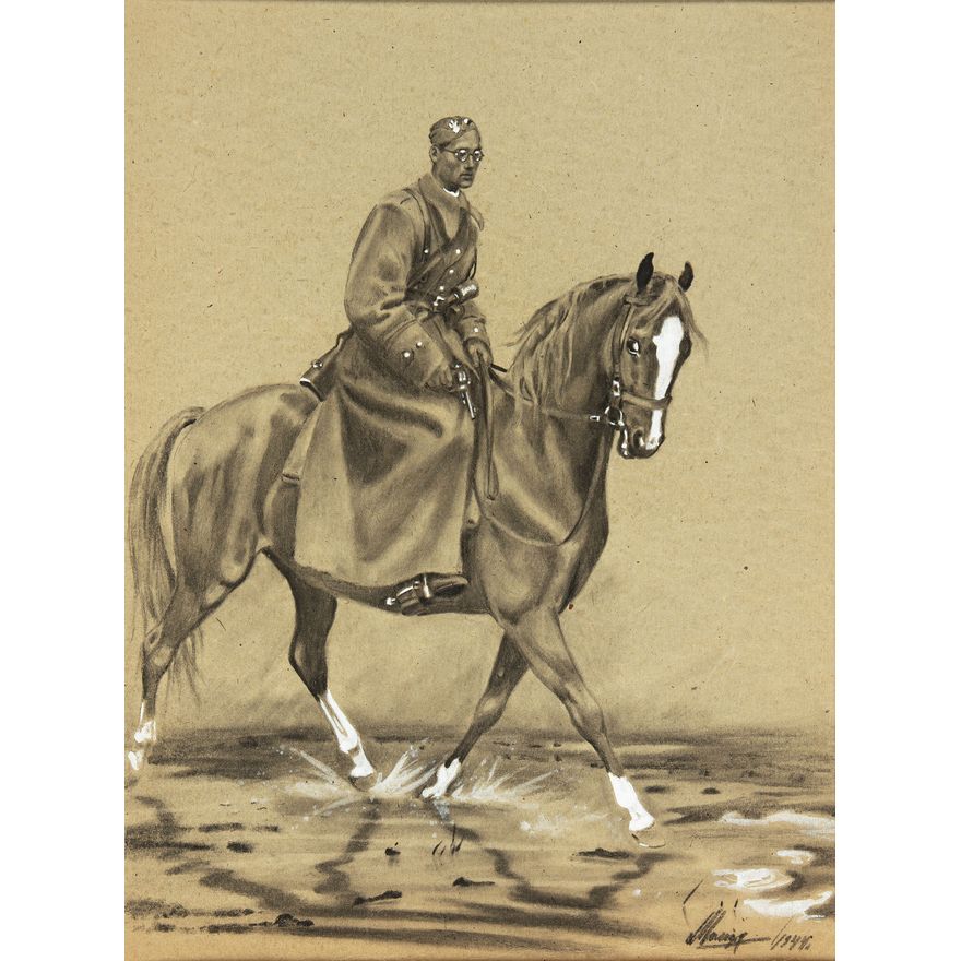 Ludwik Maciąg | Autoportet w mundurze na koniu, 1944 r.