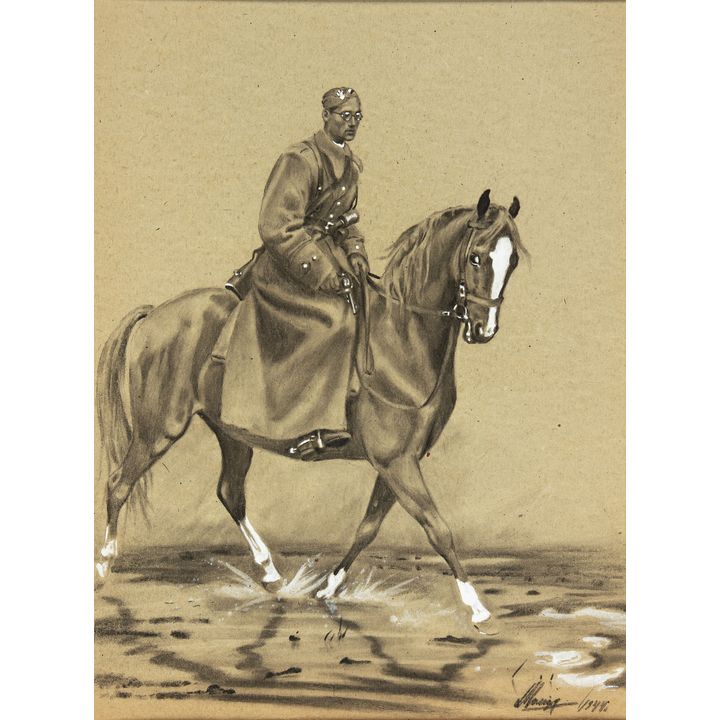 Ludwik Maciąg | Autoportet w mundurze na koniu, 1944 r.