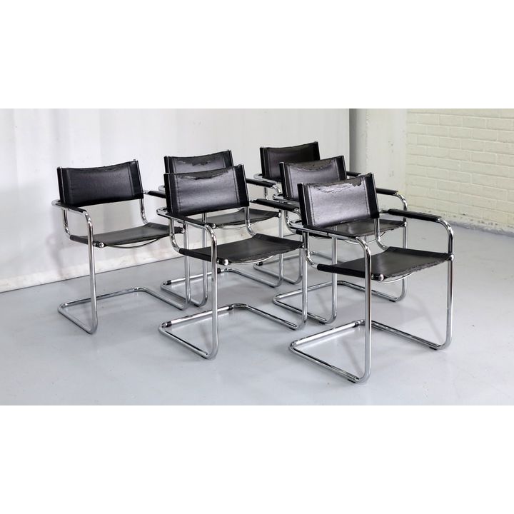 SET OF 6 MID CENTURY ITALIAN LEATHER UPHOLSTERED CHROME CANTILEVER DINING CHAIRS