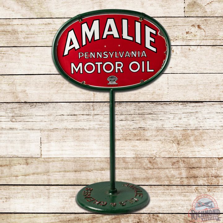 Amalie Pennsylvania Motor Oil Double Sided Porcelain Curb Sign w/ Base