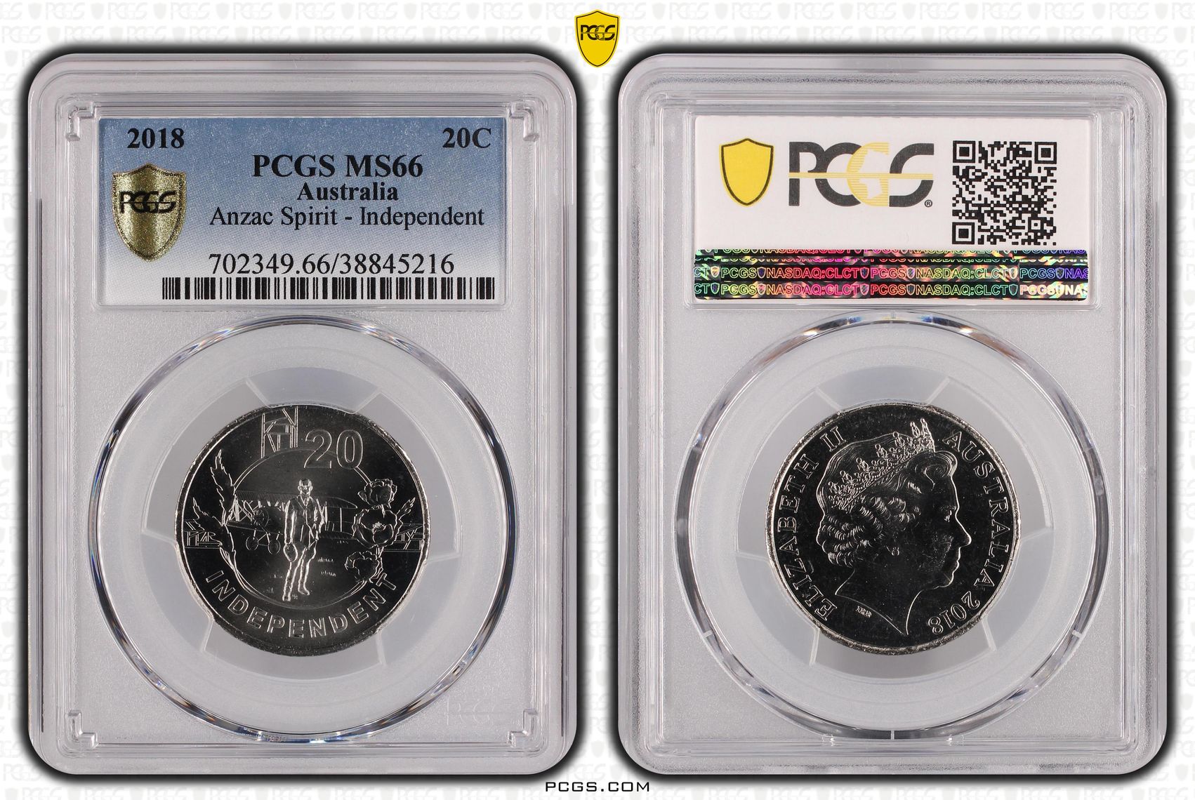 2018 Australia Twenty Cent, 20c Anzac Spirit - Independent PCGS - MS66 -216