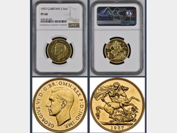 1937 GEORGE VI 'PLAIN EDGE' PROOF GOLD 2 POUND PF60