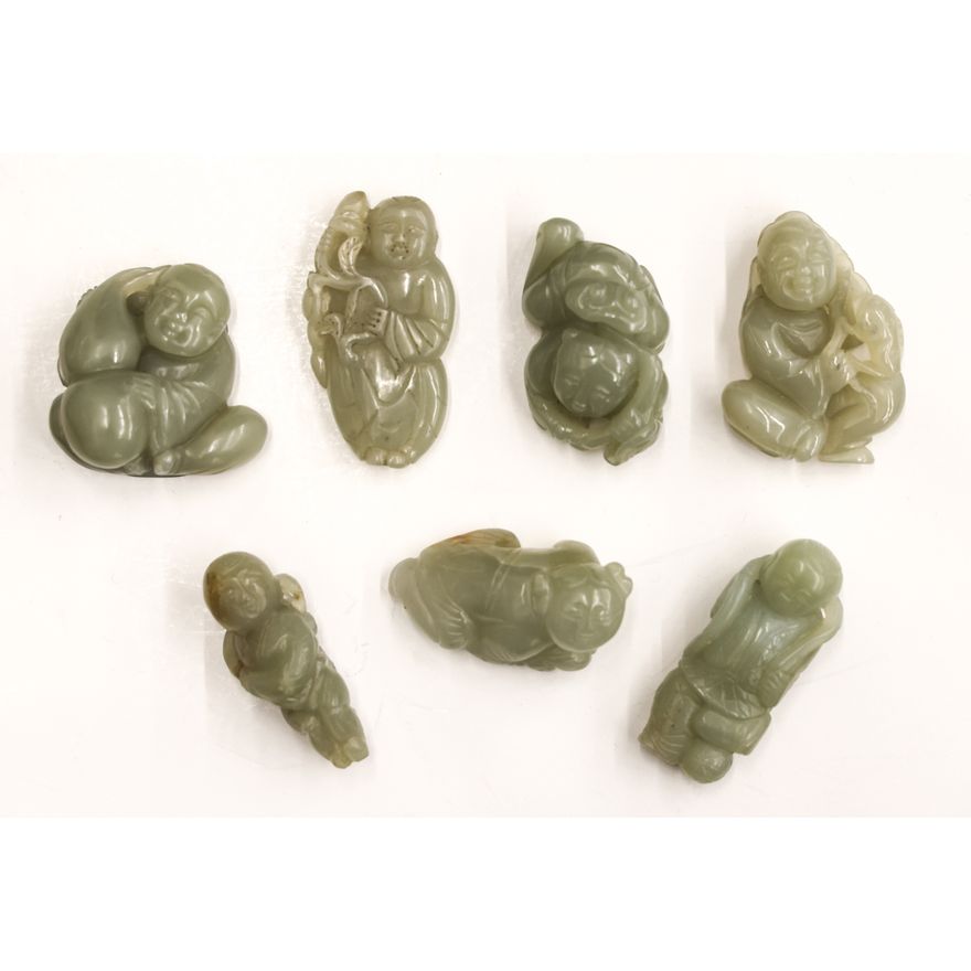7pc Chinese Jade Boy Pebble Carvings