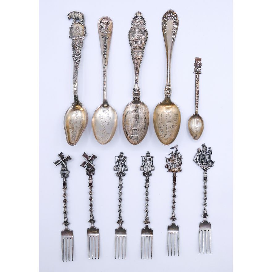 Box Old Sterling Souvenir Spoons and 800 Silver - 205 grams TW