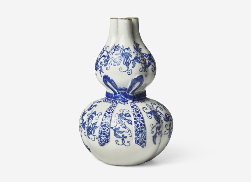An Unusual Chinese Blue Enameled Porcelain Three-Necked Double Gourd Vase