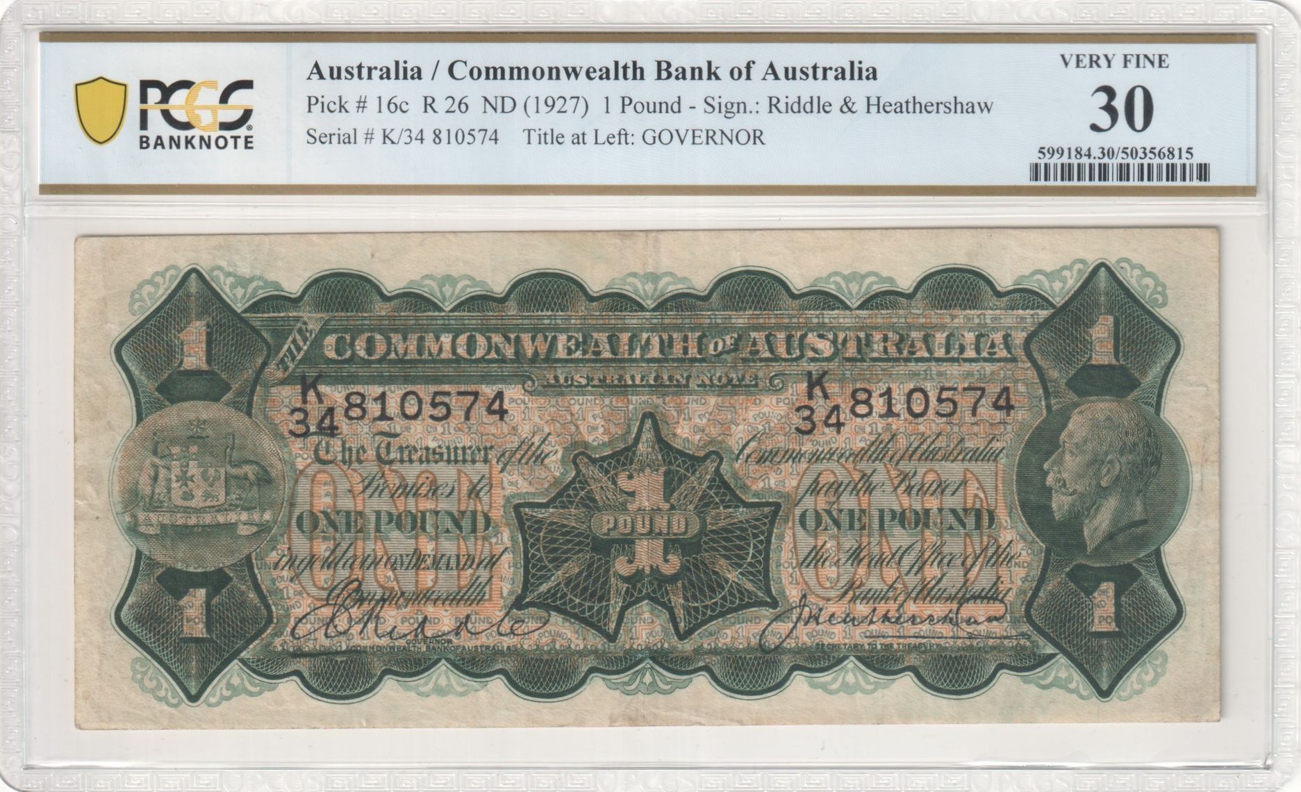 Riddle/Heathershaw, One Pound, 1927, PCGS Very Fine 30