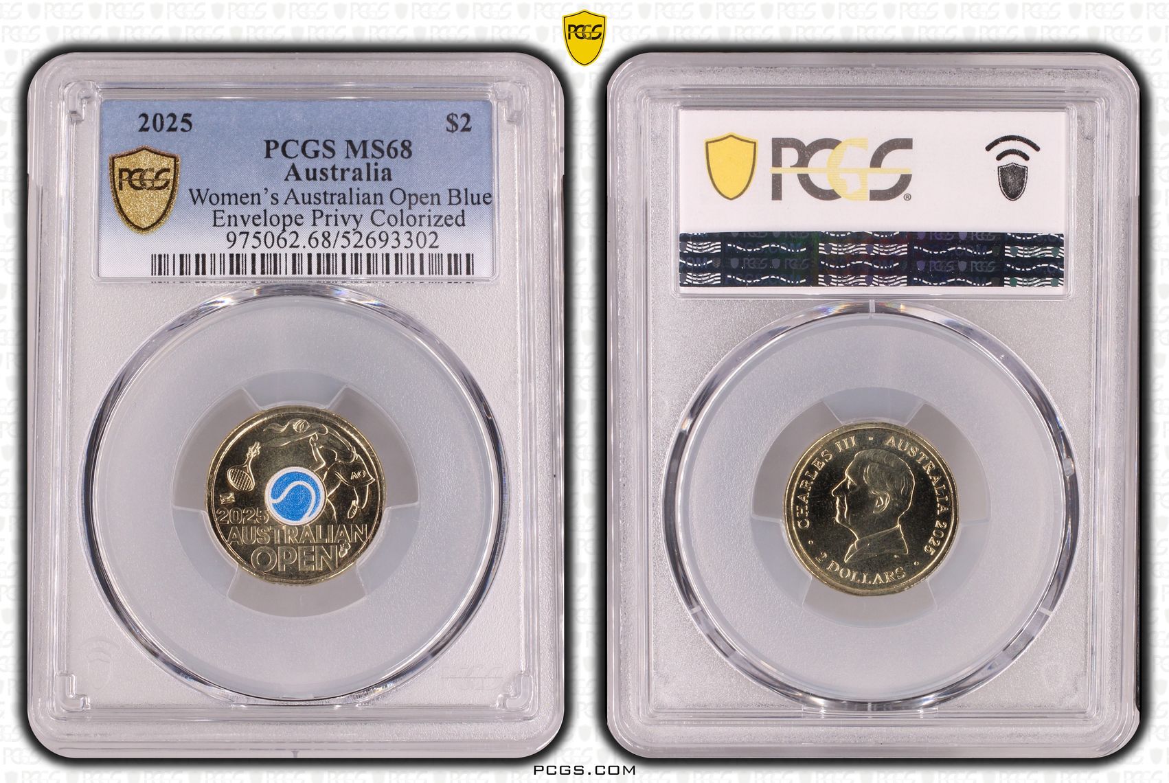 Womens Australian Open Blue Envelope Privy Colorized, Two Dollar, 2025, PCGS MS68