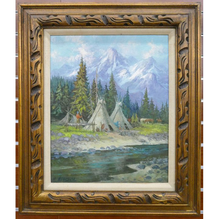 Fred Oldfield (1918-2017 Washington) ''Indian Camp'' 1967 Oil
