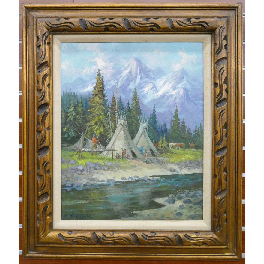 Fred Oldfield (1918-2017 Washington) ''Indian Camp'' 1967 Oil