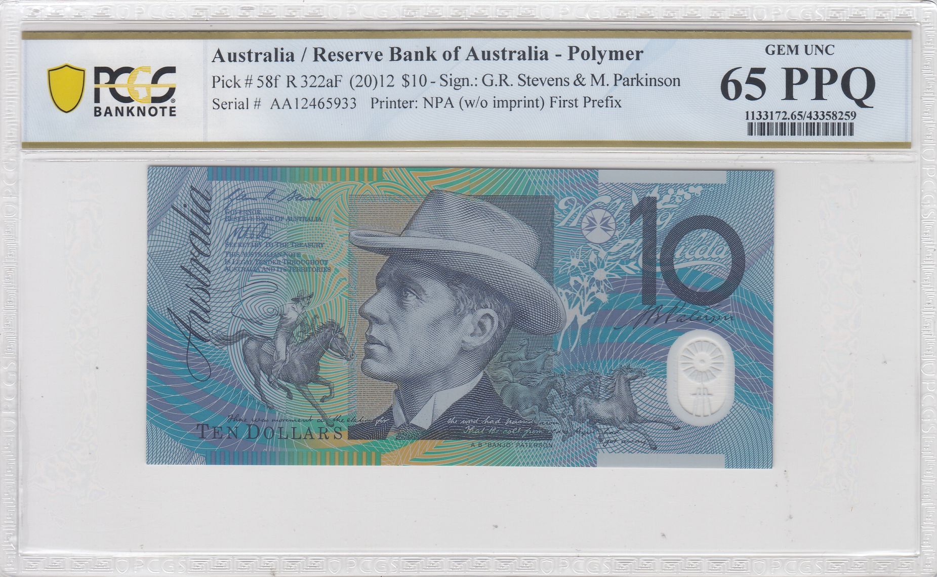2012 $10 Stevens/Parkinson Gem Unc 65 PPQ First Prefix