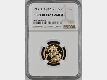 1988 ELIZABETH II PROOF GOLD SOVEREIGN PF69 UCAM