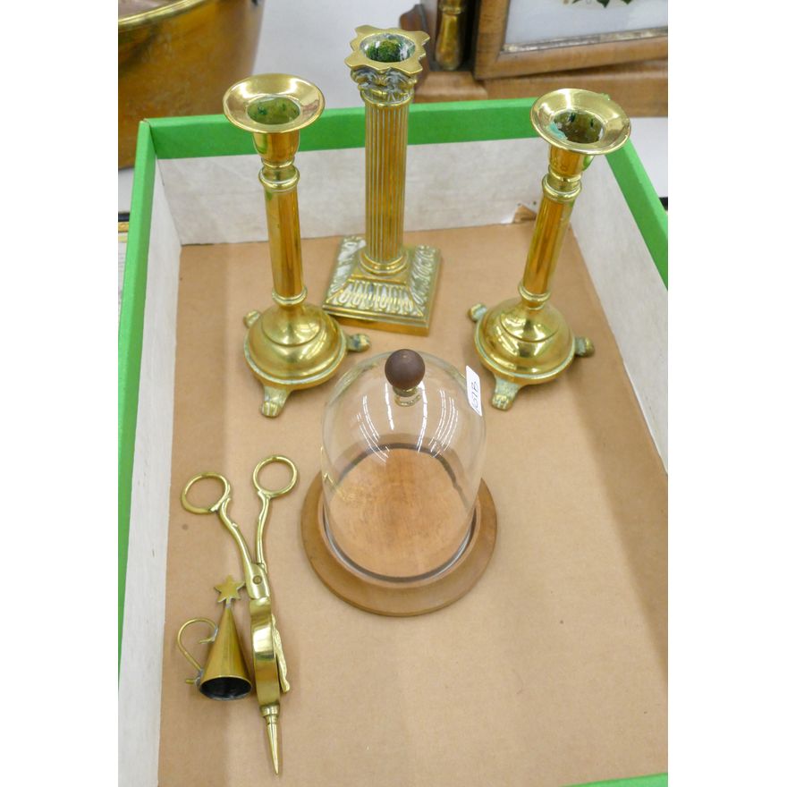 Box Old Brass Candlesticks etc.