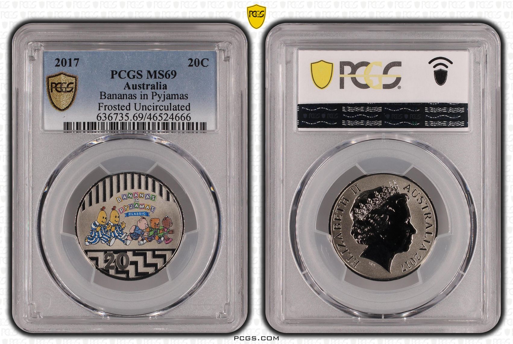 Bananas in Pyjamas Frosted Uncirculated, Twenty Cent, 2017, PCGS MS 69