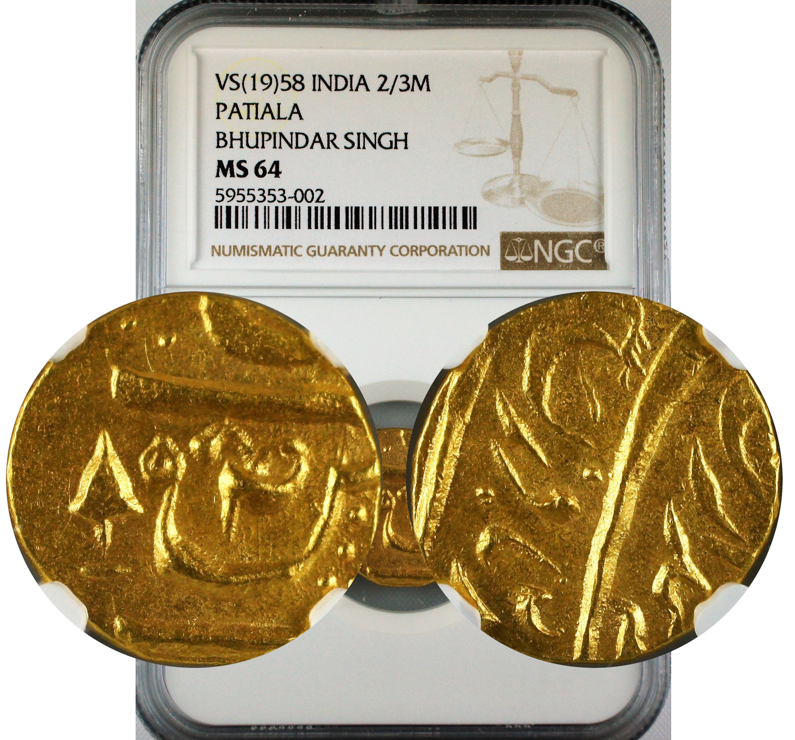 India Patiala Bhupinder Singh Gold 2/3 Mohur NGC MS64