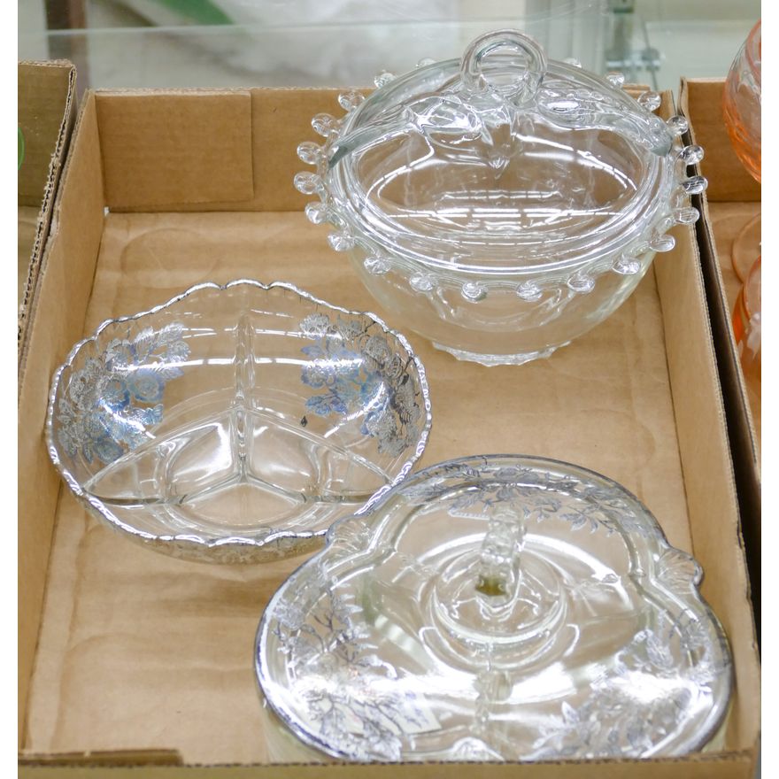 Box 3pc Silver Decorated Glass Candy Box etc.