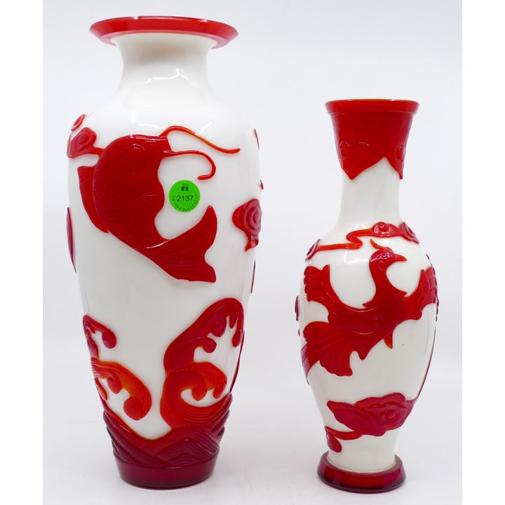 2pc Chinese Carved Red Peking Glass Vases 10'' and 12''