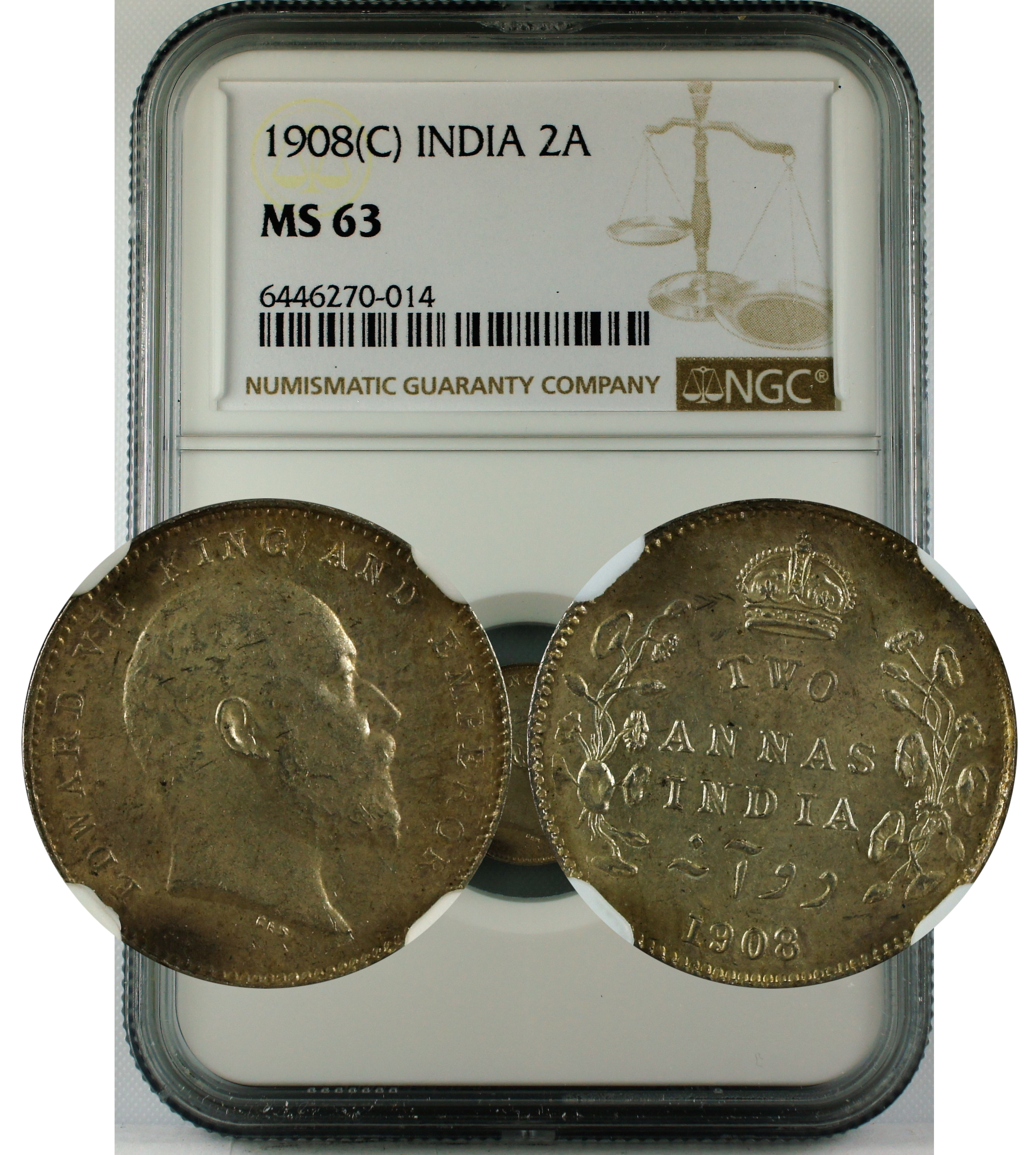 1908 C INDIA 2ANNA MS63