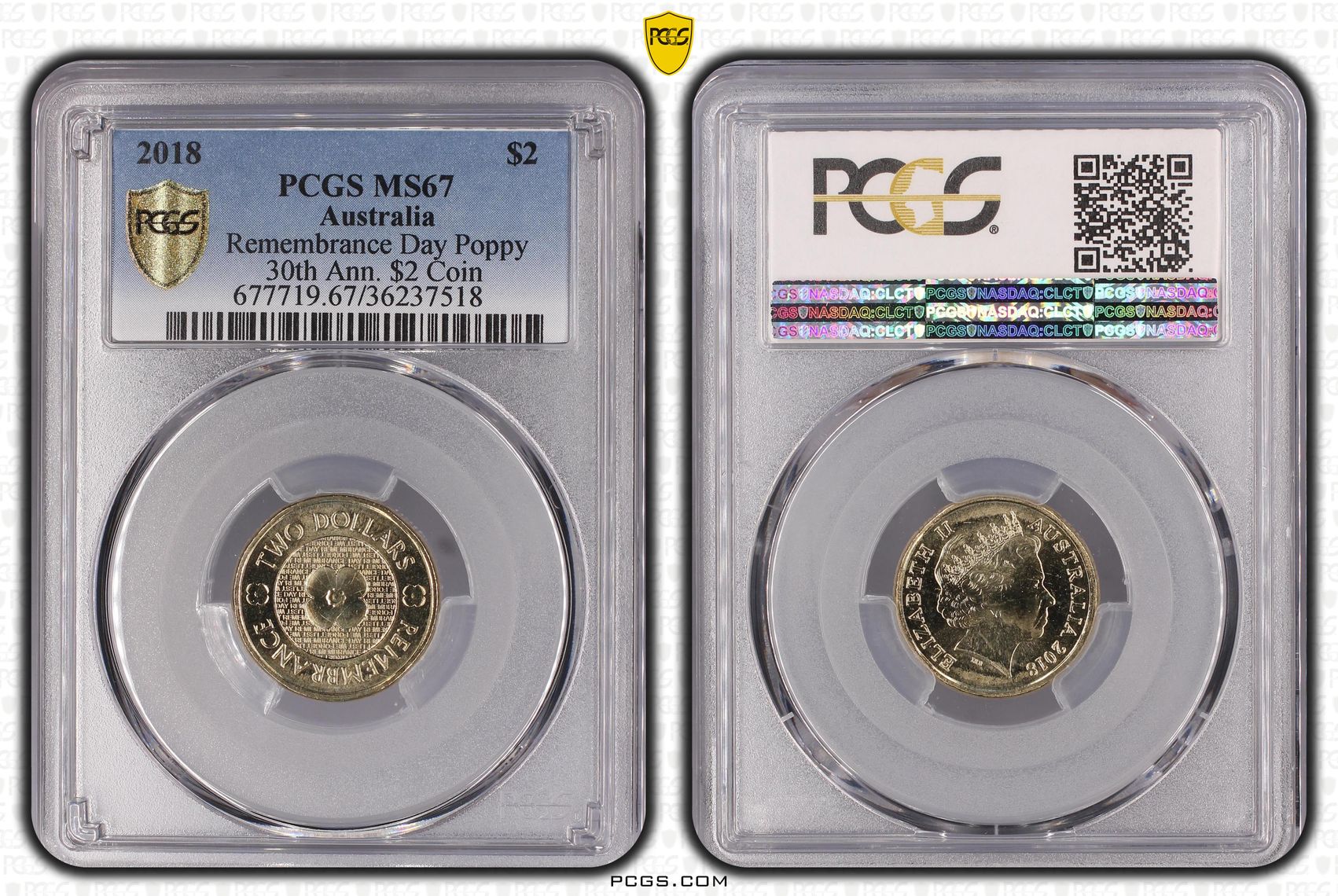 Remembrance Day Poppy 30th Ann. $2 Coin, Two Dollar, 2018, PCGS MS67
