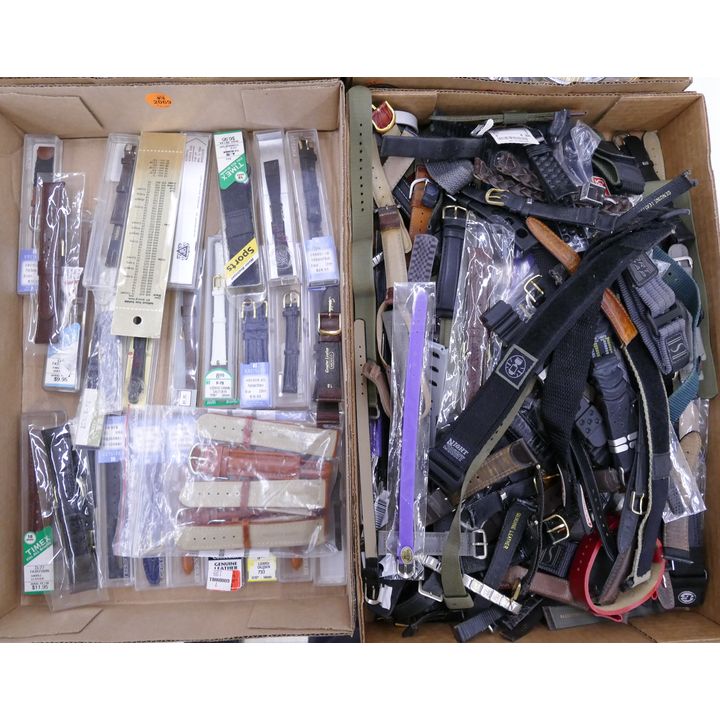 2 Boxes Watch Straps- Leather and Cloth. Some NOS, various sizes, most unused