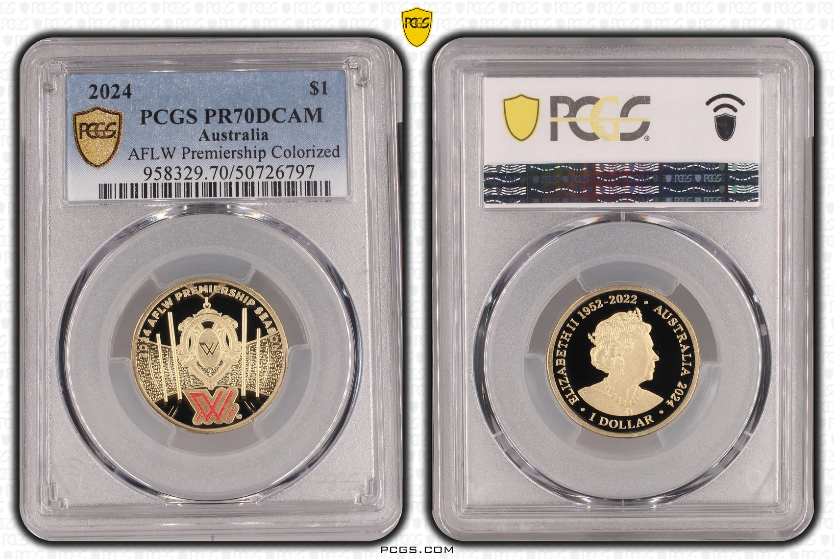 AFLW Premiership Colorized, POP 19/0, One Dollar, 2024, PCGS PR70DCAM