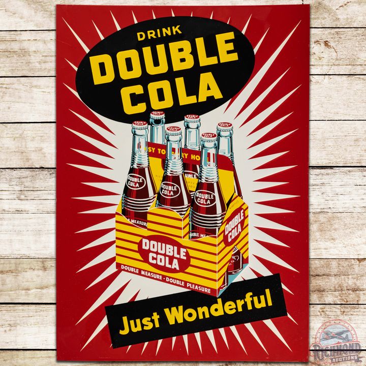 NOS Drink Double Cola "Just Wonderful" Emb. SS Tin Sign w/ 6 Pack