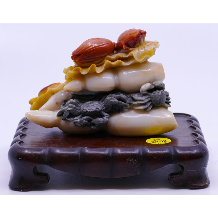 Chinese 3 Color Soapstone Crab & Lotus Carving on Stand- 4x6''
