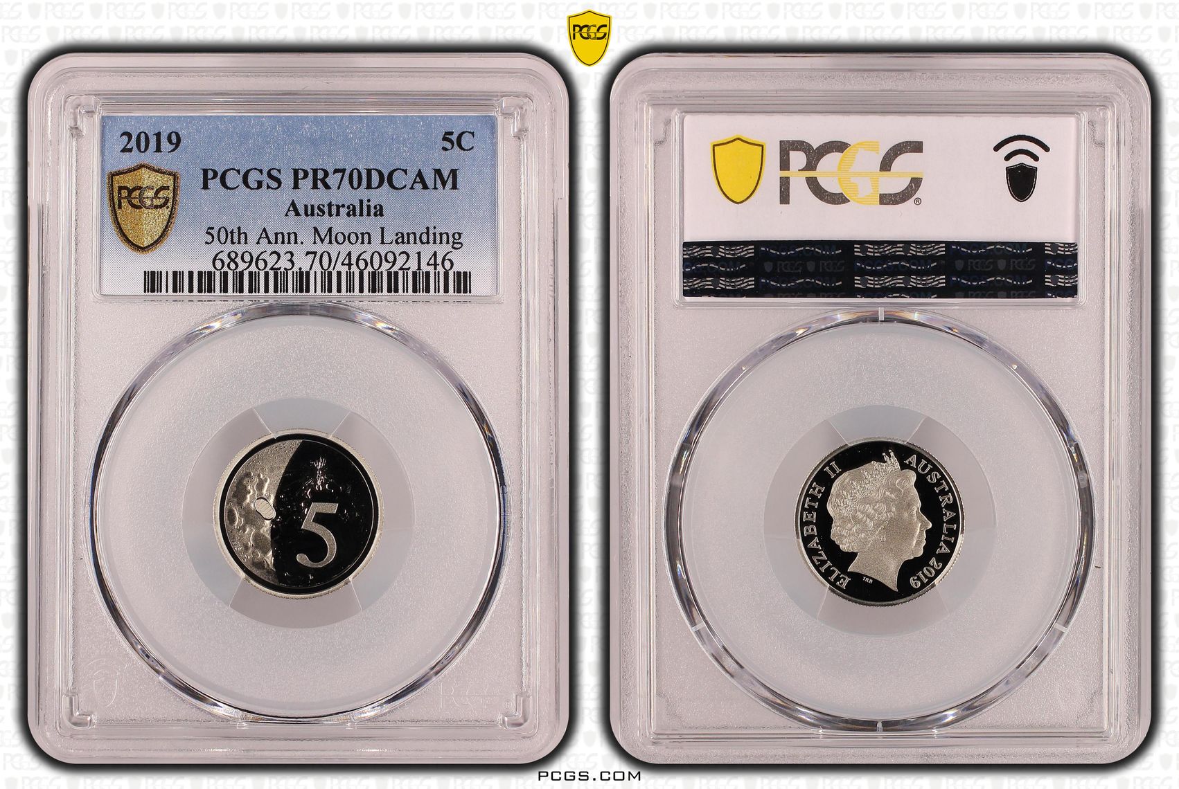 Elizabeth II, 50th Ann. Moon Landing, Five Cent, 2019, PCGS PR 70DCAM