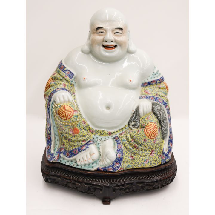 Chinese Porcelain Laughing Buddha on Stand