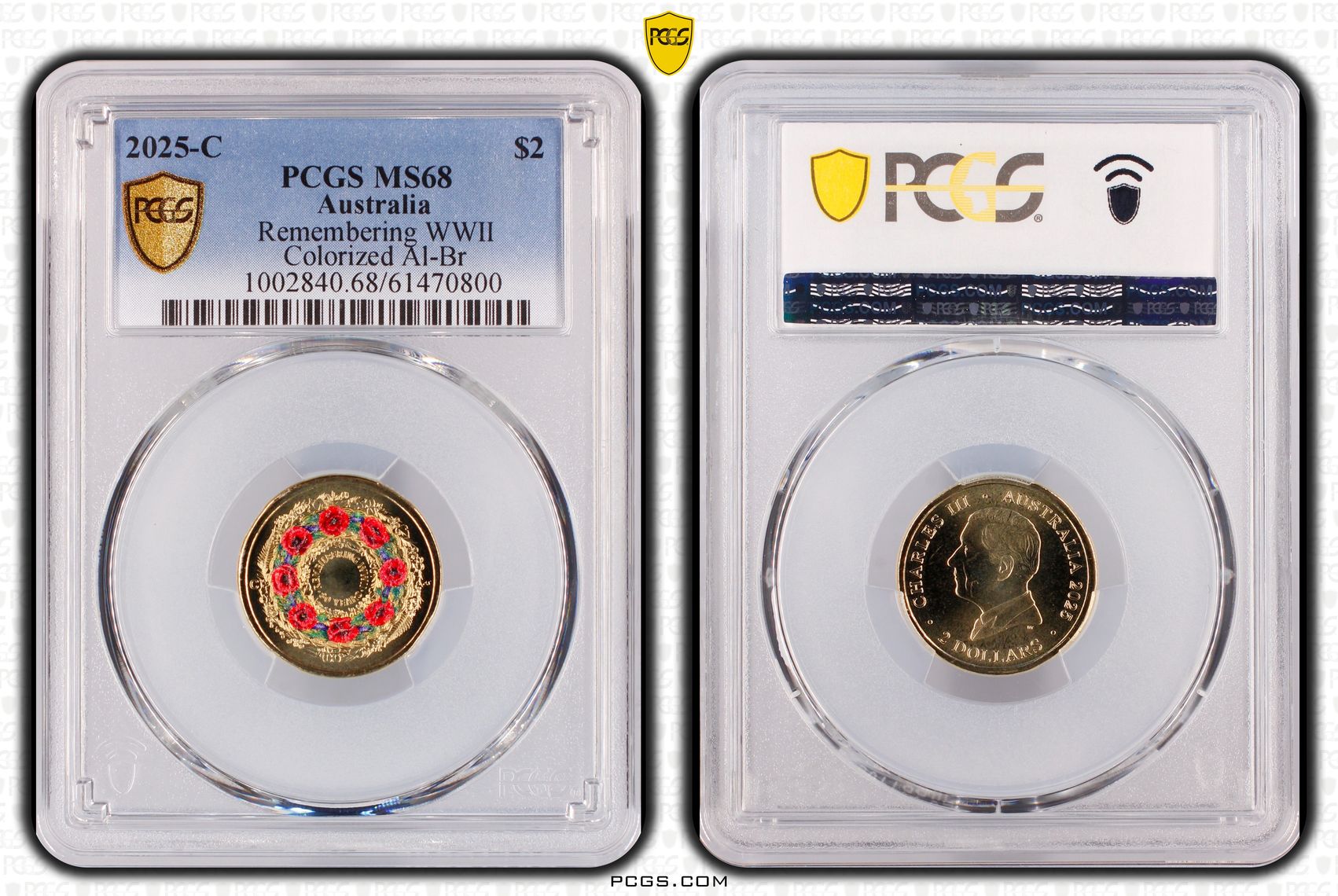 Remembering WWII Colourised AlBr, Two Dollar, 2025-C, PCGS MS68
