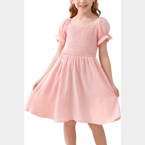 GORLYA GIRLS PUFF SLEEVE SQUARE NECK BOHO FRILLY SMOCKED SHIRRED FLARED MIDI DRESS 4-14T, SIZE SMALL