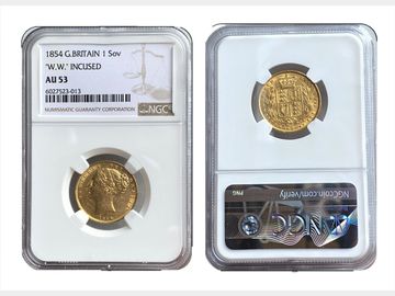 1854 W.W INCUSE SHIELD SOVEREIGN AU53